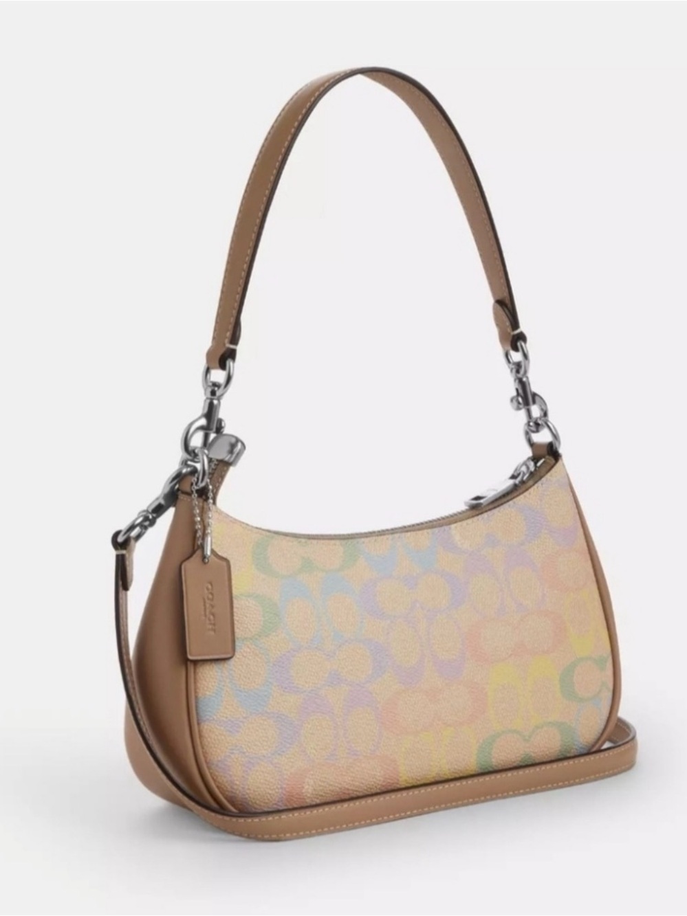 🌈Coach NWT Rainbow Pastel Print Teri Shoulder Bag/Tan Trim/Silver Hardware - Picture 2 of 11